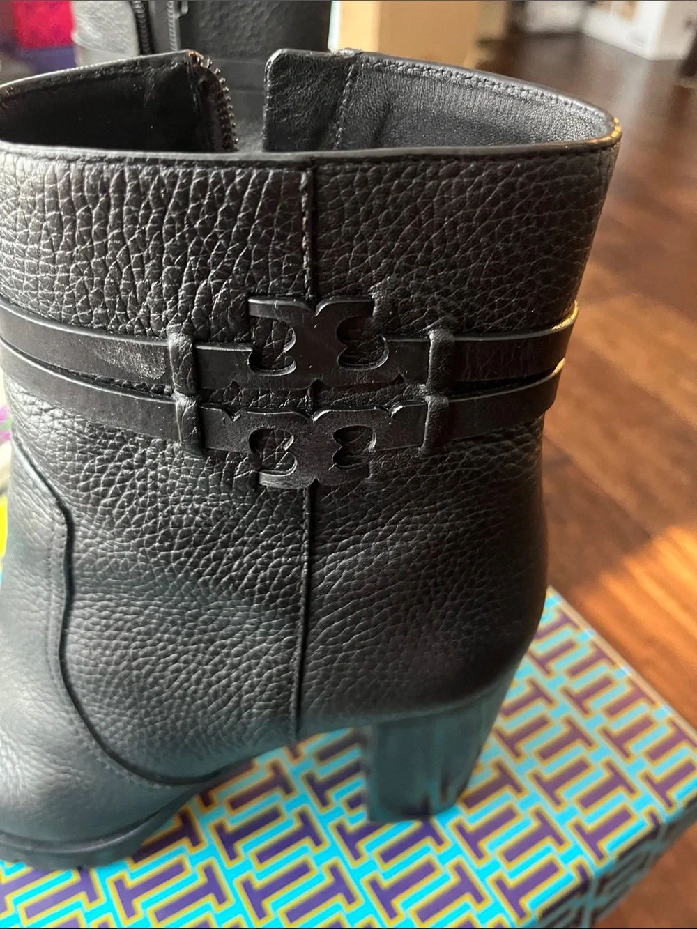 Tory Burch Black Leather Block Heel Ankle Boots with Side Zip